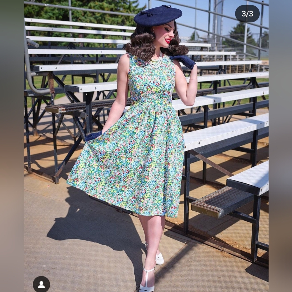 Retrolicious Floral Fit-and-Flare Midi Dress in Mint, Blue, Pink